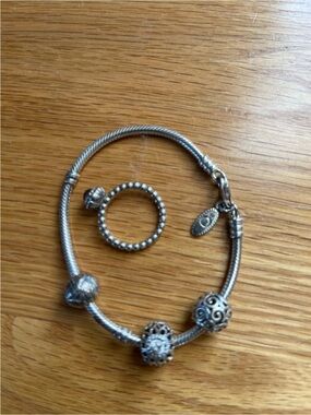 Pandora Silver Beaded Charm Bracelet with Matching Ring